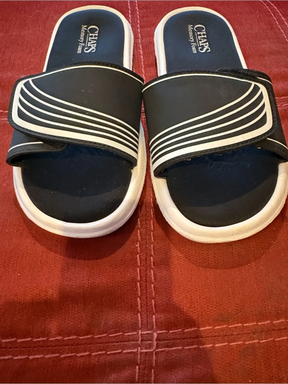CHAPS: Memory Foam Men's Black Slide Sandals with White Stripes- Size 9